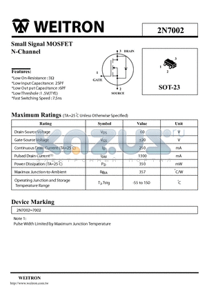 2N7002 datasheet - Small Signal MOSFET N-Channel