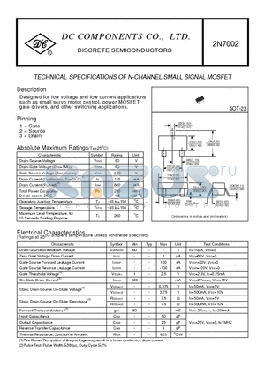 2N7002 datasheet - TECHNICAL SPECIFICATIONS OF N-CHANNEL SMALL SIGNAL MOSFET