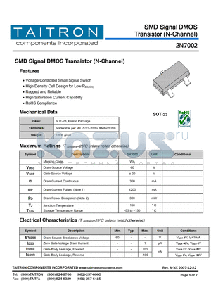 2N7002 datasheet - SMD Signal DMOS Transistor (N-Channel)