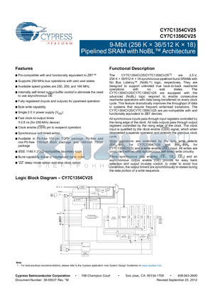 CY7C1354CV25-200AXC datasheet - 9-Mbit (256 K  36/512 K  18) Pipelined SRAM with NoBL Architecture