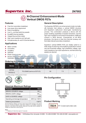 2N7002-G datasheet - N-Channel Enhancement-Mode Vertical DMOS FETs