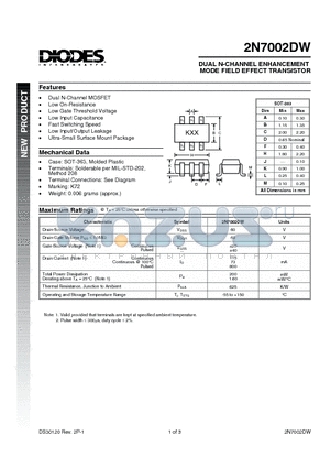 2N7002DW datasheet - DUAL N-CHANNEL ENHANCEMENT MODE FIELD EFFECT TRANSISTOR