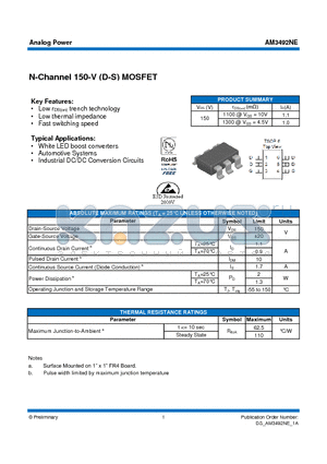 AM3492NE datasheet - N-Channel 150-V (D-S) MOSFET