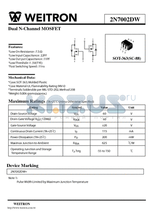 2N7002DW datasheet - Dual N-Channel MOSFET