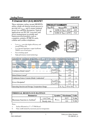 AM3403P datasheet - P-Channel 30-V (D-S) MOSFET