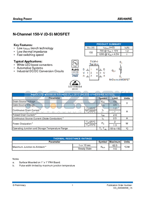 AM3490NE datasheet - N-Channel 150-V (D-S) MOSFET
