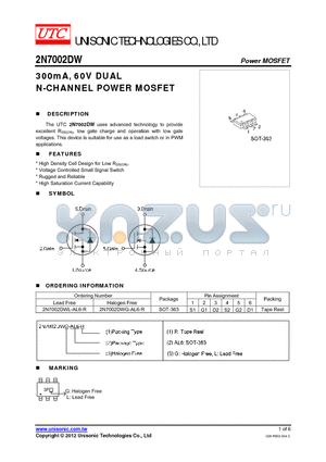 2N7002DWG-AL6-R datasheet - 300mA, 60V DUAL N-CHANNEL POWER MOSFET