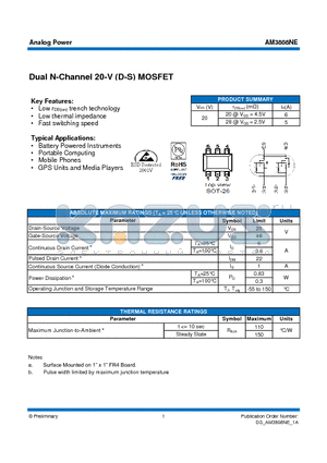 AM3808NE datasheet - Dual N-Channel 20-V (D-S) MOSFET