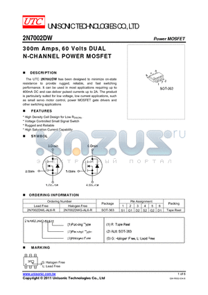 2N7002DWL-AL6-R datasheet - 300m Amps, 60 Volts DUAL N-CHANNEL POWER MOSFET