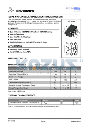 2N7002DWT/R13 datasheet - DUAL N-CHANNEL ENHANCEMENT MODE MOSFETS