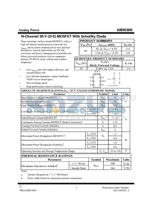 AM3836N datasheet - N-Channel 30-V (D-S) MOSFET With Schottky Diode