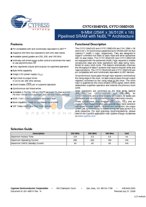 CY7C1354DV25-166BZXC datasheet - 9-Mbit (256K x 36/512K x 18) Pipelined SRAM with NoBL Architecture