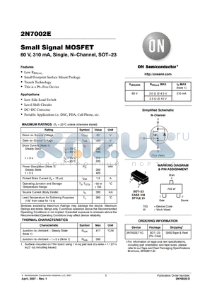 2N7002E datasheet - Small Signal MOSFET 60 V, 310 mA, Single, N−Channel, SOT−23