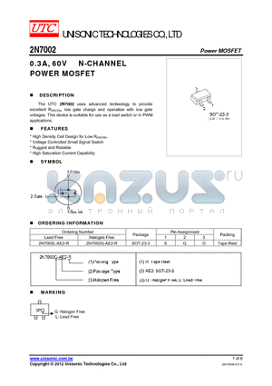 2N7002G-AE2-R datasheet - 0.3A, 60V N-CHANNEL POWER MOSFET