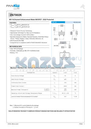 2N7002K datasheet - 60V N-Channel Enhancement Mode MOSFET - ESD Protected