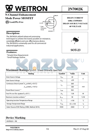 2N7002K datasheet - N-Channel Enhancement Mode Power MOSFET