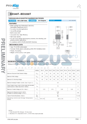 BD340T datasheet - THROUGH HOLE SCHOTTKY BARRIER RECTIFIERS