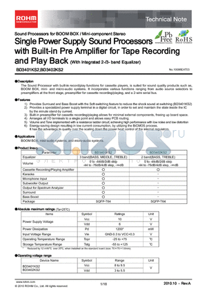 BD3402KS2 datasheet - Single Power Supply Sound Processors with Built-in Pre Amplifier for Tape Recording and Play Back