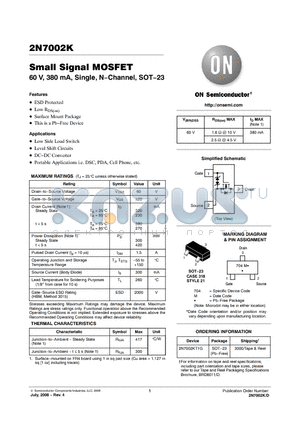 2N7002K datasheet - Small Signal MOSFET 60 V, 380 mA, Single, N−Channel, SOT−23