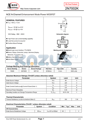 2N7002K datasheet - NCE N-Channel Enhancement Mode Power MOSFET