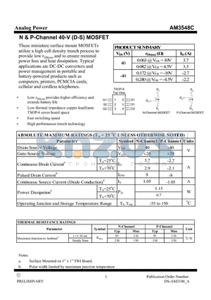 AM3548C datasheet - N & P-Channel 40-V (D-S) MOSFET