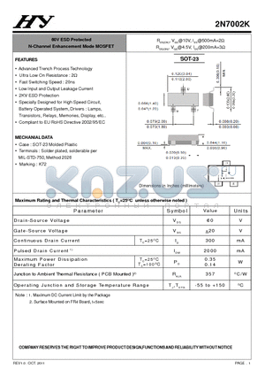 2N7002K datasheet - 60V ESD Protected N-Channel Enhancement Mode MOSFET