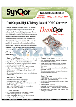 DQ63312QGL07NKS datasheet - Dual Output, High Efficiency, Isolated DC/DC Converter