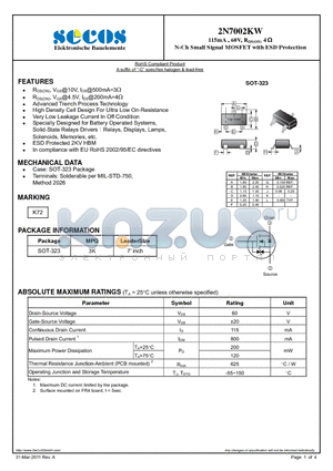 2N7002KW datasheet - N-Ch Small Signal MOSFET with ESD Protection