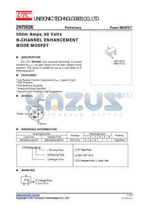 2N7002KG-AE2-R datasheet - 300m Amps, 60 Volts N-CHANNEL ENHANCEMENT MODE MOSFET