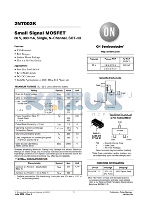 2N7002KT1G datasheet - Small Signal MOSFET 60 V, 380 mA, Single, N−Channel, SOT−23