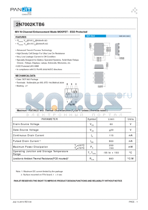 2N7002KTB6 datasheet - 60V N-Channel Enhancement Mode MOSFET - ESD Protected