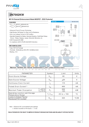 2N7002KW_10 datasheet - 60V N-Channel Enhancement Mode MOSFET - ESD Protected