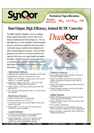 DQ63315QGL07NKS datasheet - Dual Output, High Efficiency, Isolated DC/DC Converter