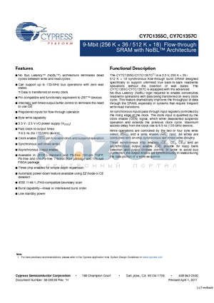 CY7C1355C-133AXC datasheet - 9-Mbit (256 K x 36 / 512 K x 18) Flow-through SRAM with NoBL Architecture