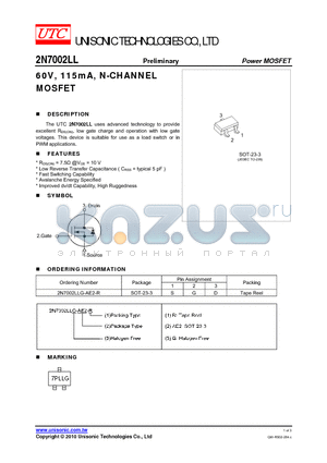 2N7002LL datasheet - 60V, 115mA, N-CHANNEL MOSFET