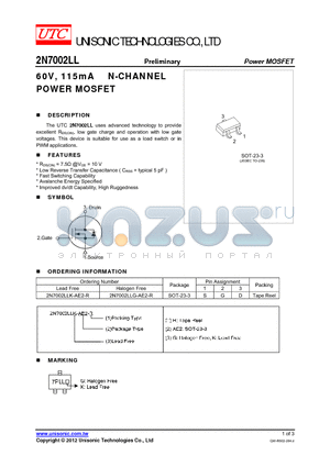 2N7002LLK-AE2-R datasheet - 60V, 115mA N-CHANNEL POWER MOSFET