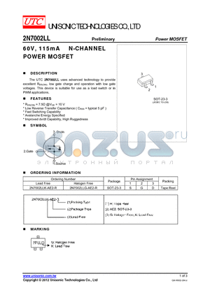 2N7002LL datasheet - 60V, 115mA N-CHANNEL POWER MOSFET