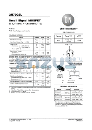 2N7002LT1 datasheet - Small Signal MOSFET 60 V, 115 mA, N-Channel SOT-23