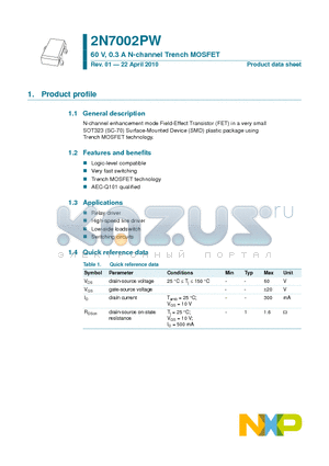 2N7002PW datasheet - 60 V, 0.3 A N-channel Trench MOSFET