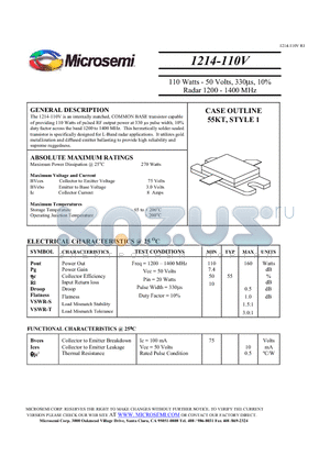 1214-110V datasheet - 110 Watts - 50 Volts, 330ls, 10% Radar 1200 - 1400 MHz