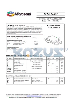 1214-110M datasheet - 110 Watts - 50 Volts, 330ls, 10% Radar 1200 - 1400 MHz