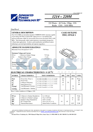 1214-220M datasheet - 220 Watts - 40 Volts, 150ms, 10% Radar 1200 - 1400 MHz