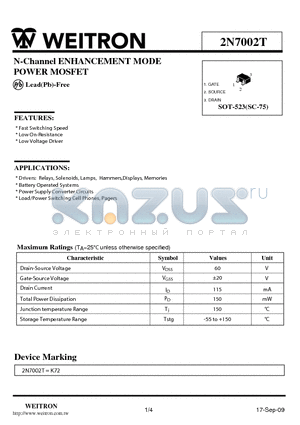 2N7002T datasheet - N-Channel ENHANCEMENT MODE POWER MOSFET