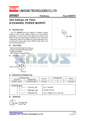 2N7002TG-AN3-R datasheet - 300 mAmps, 60 Volts N-CHANNEL POWER MOSFET
