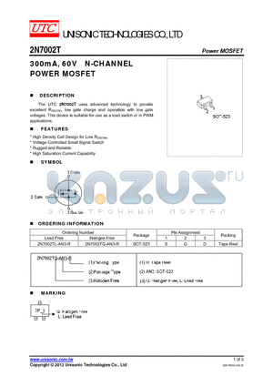 2N7002TG-AN3-R datasheet - 300mA, 60V N-CHANNEL POWER MOSFET