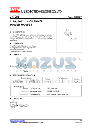 2N7002L-AE2-R datasheet - 0.3A, 60V N-CHANNEL POWER MOSFET