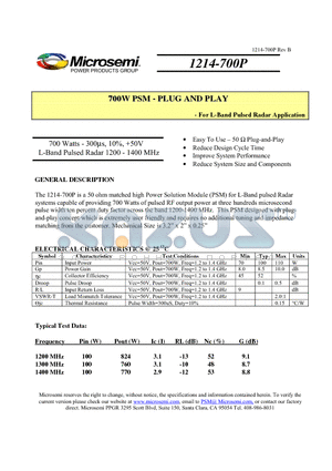 1214-700P datasheet - 700 Watts - 300ls, 10%, 50V L-Band Pulsed Radar 1200 - 1400 MHz