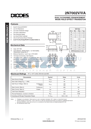 2N7002V-7 datasheet - DUAL N-CHANNEL ENHANCEMENT MODE FIELD EFFECT TRANSISTOR