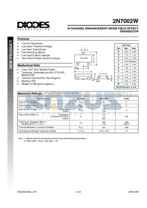 2N7002W datasheet - N-CHANNEL ENHANCEMENT MODE FIELD EFFECT TRANSISTOR