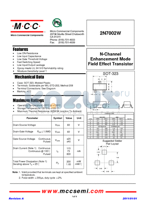 2N7002W datasheet - N-Channel Enhancement Mode Field Effect Transistor